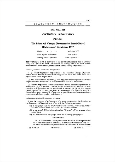 The Prices and Charges (Recommended Resale Prices) (Enforcement) Regulations 1977