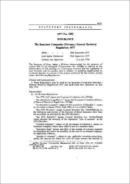 The Insurance Companies (Solvency: General Business) Regulations 1977