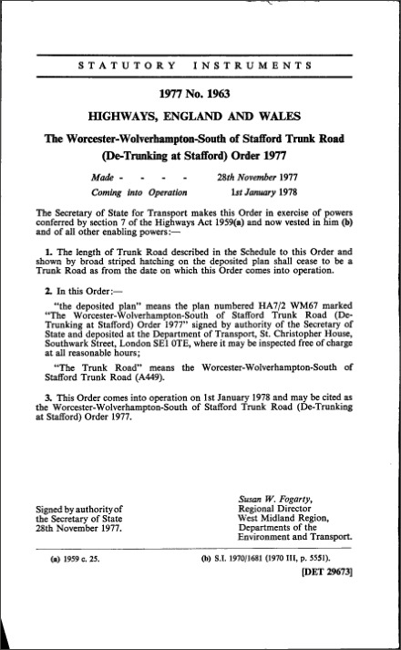 The Worcester-Wolverhampton-South of Stafford Trunk Road (De-Trunking at Stafford) Order 1977