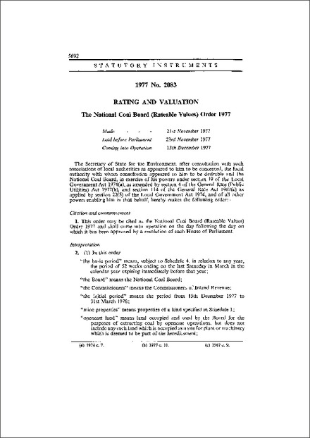 The National Coal Board (Rateable Values) Order 1977