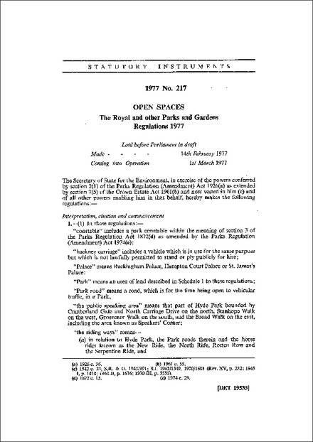 The Royal and other Parks and Gardens Regulations 1977