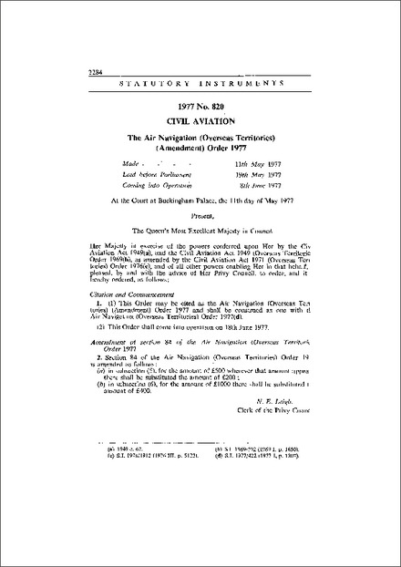 The Air Navigation (Overseas Territories) (Amendment) Order 1977
