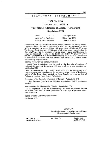The Factories (Standards of Lighting) (Revocation) Regulations 1978