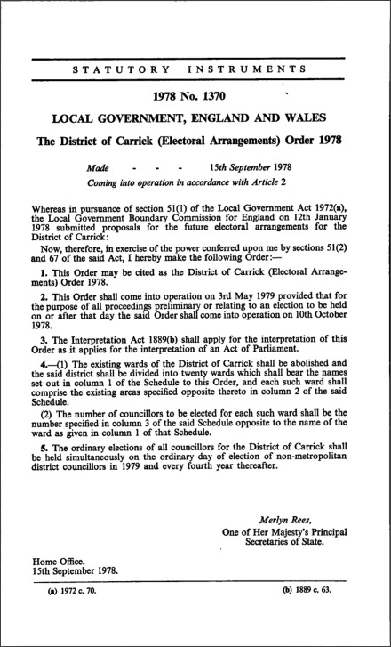The District of Carrick (Electoral Arrangements) Order 1978
