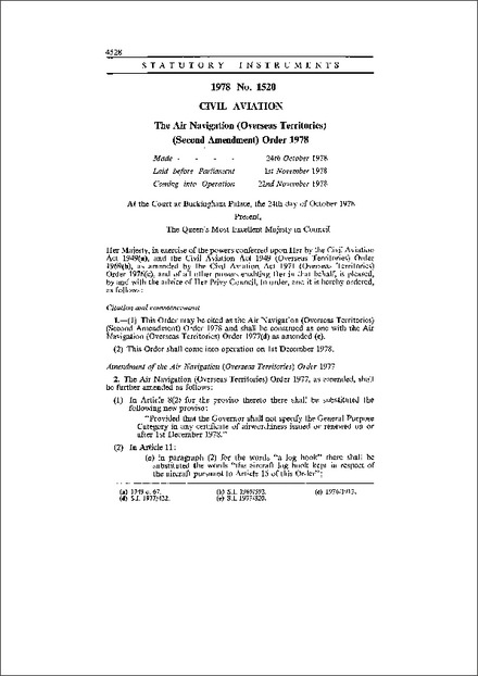 The Air Navigation (Overseas Territories) (Second Amendment) Order 1978