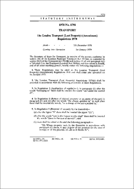 The London Transport (Lost Property) (Amendment) Regulations 1978