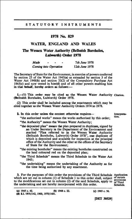 The Wessex Water Authority (Belhuish Boreholes, Lulwerth) Order 1978