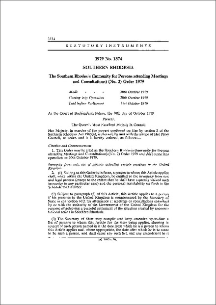 The Southern Rhodesia (Immunity for Persons attending Meetings and Consultations) (No. 2) Order 1979