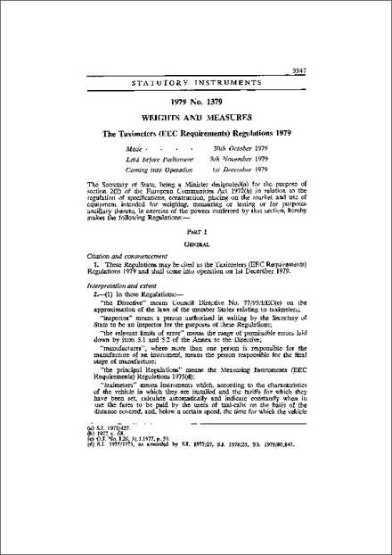 The Taximeters (EEC Requirements) Regulations 1979