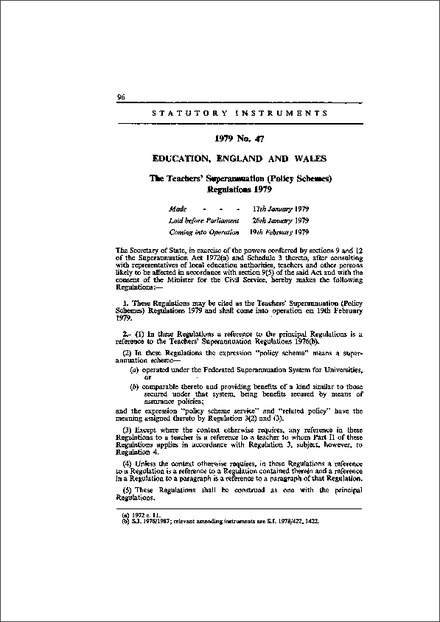 The Teachers' Superannuation (Policy Schemes) Regulations 1979
