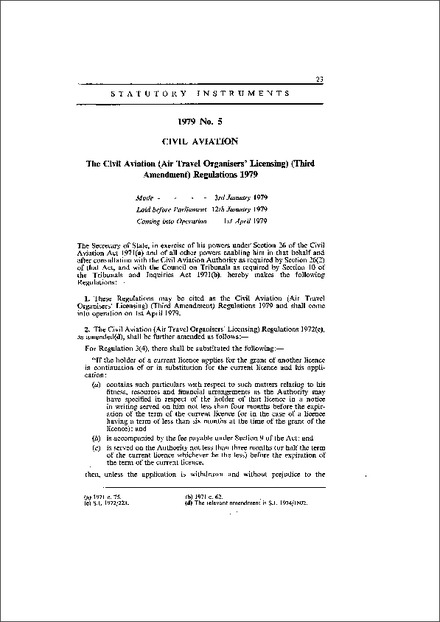 The Civil Aviation (Air Travel Organisers' Licensing) (Third Amendment) Regulations 1979
