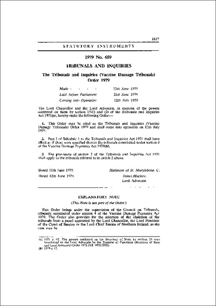 The Tribunals and Inquiries (Vaccine Damage Tribunals) Order 1979