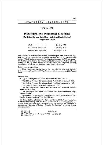 The Industrial and Provident Societies (Credit Unions) Regulations 1979