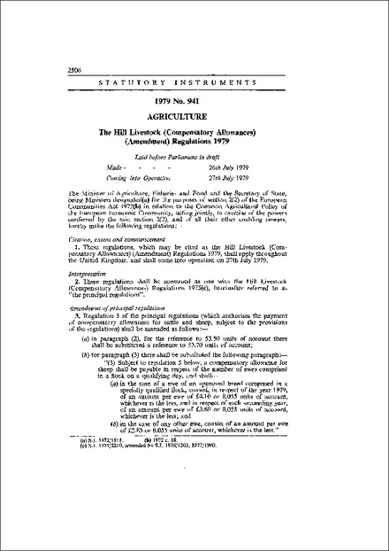 The Hill Livestock (Compensatory Allowances) (Amendment) Regulations 1979
