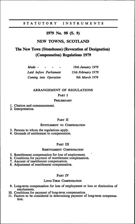 The New Town (Stonehouse) (Revocation of Designation) (Compensation) Regulations 1979