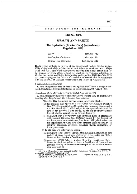 The Agriculture (Tractor Cabs) (Amendment) Regulations 1980