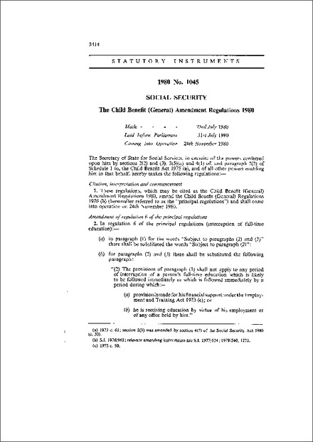 The Child Benefit (General) Amendment Regulations 1980