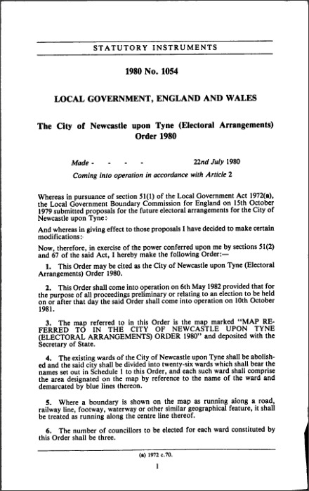 The City of Newcastle upon Tyne (Electoral Arrangements) Order 1980