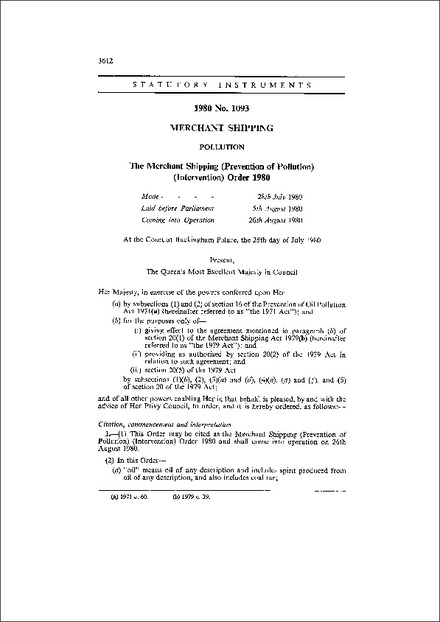The Merchant Shipping (Prevention of Pollution) (Intervention) Order 1980