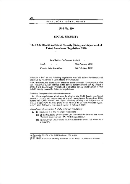 The Child Benefit and Social Security (Fixing and Adjustment of Rates) Amendment Regulations 1980