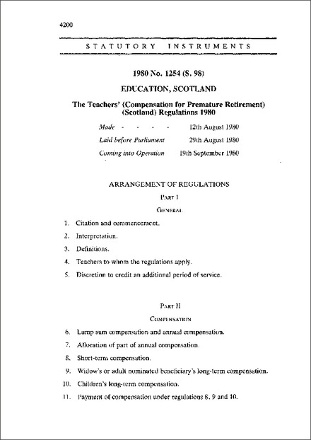 The Teachers' (Compensation for Premature Retirement) (Scotland) Regulations 1980