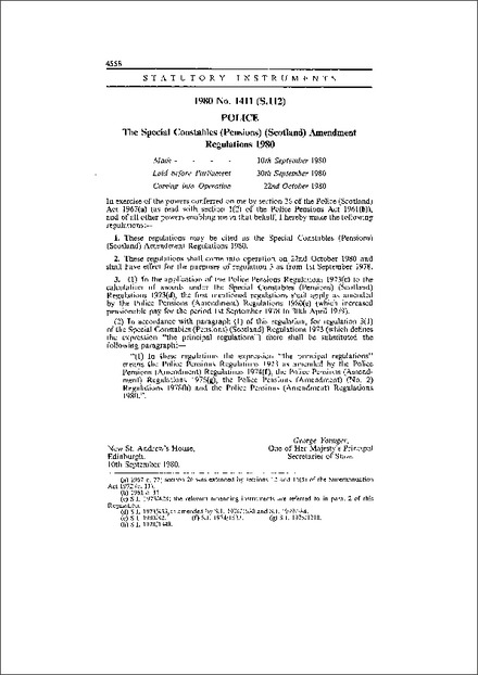 The Special Constables (Pensions) (Scotland) Amendment Regulations 1980