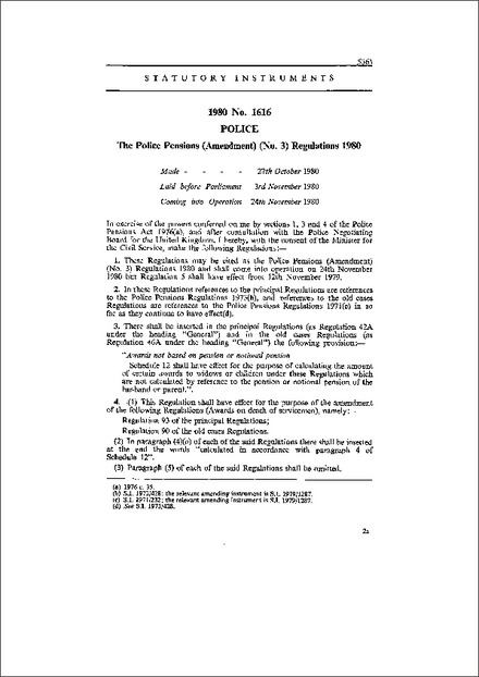 The Police Pensions (Amendment) (No. 3) Regulations 1980