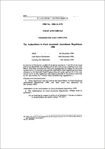 The Antioxidants in Food (Scotland) Amendment Regulations 1980