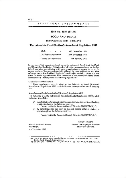 The Solvents in Food (Scotland) Amendment Regulations 1980