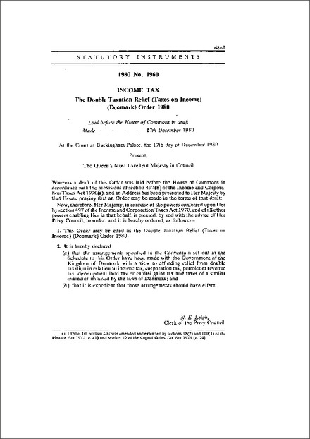 The Double Taxation Relief (Taxes on Income) (Denmark) Order 1980