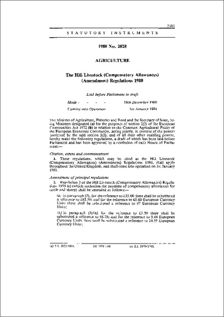 The Hill Livestock (Compensatory Allowances) (Amendment) Regulations 1980