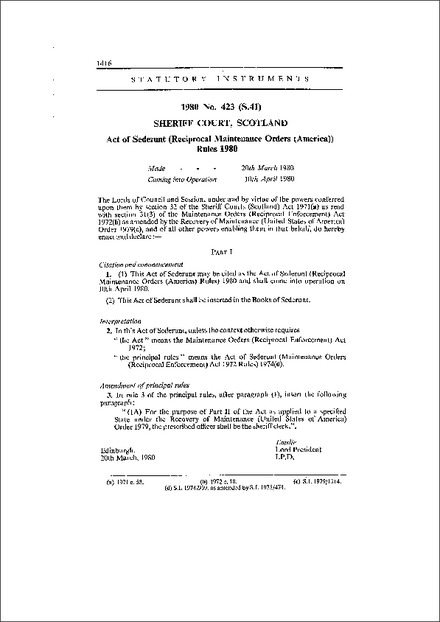 Act of Sederunt (Reciprocal Maintenance Orders (America)) Rules 1980