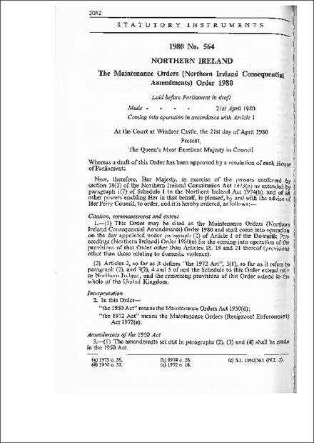 The Maintenance Orders (Northern Ireland Consequential Amendments) Order 1980