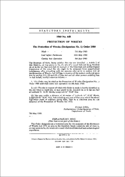 The Protection of Wrecks (Designation No. 1) Order 1980