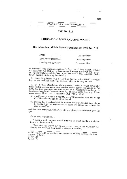 The Education (Middle Schools) Regulations 1980