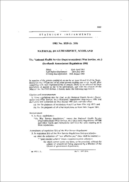 The National Health Service (Superannuation) (War Service, etc.) (Scotland) Amendment Regulations 1981