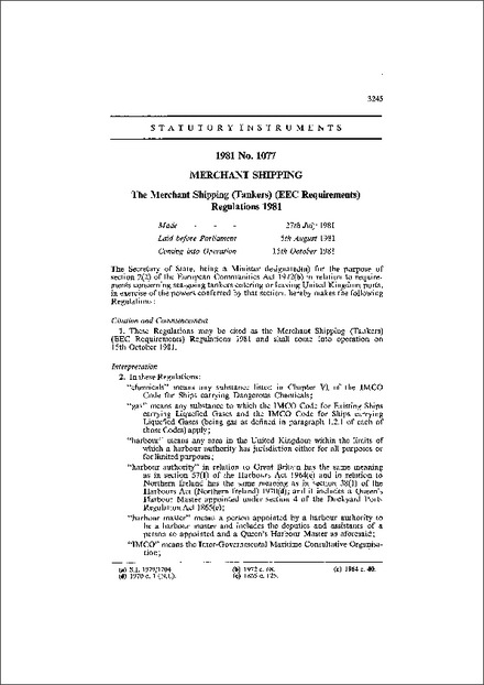 The Merchant Shipping (Tankers) (EEC Requirements) Regulations 1981