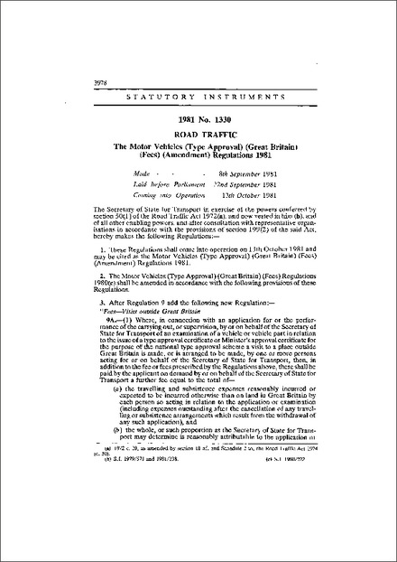 The Motor Vehicles (Type Approval) (Great Britain) (Fees) (Amendment) Regulations 1981