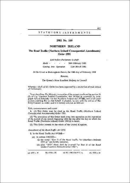 The Road Traffic (Northern Ireland Consequential Amendments) Order 1981