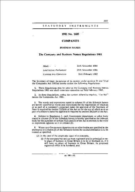 The Company and Business Names Regulations 1981