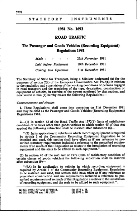 The Passenger and Goods Vehicles (Recording Equipment) Regulations 1981