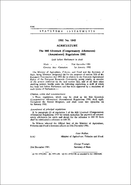 The Hill Livestock (Compensatory Allowances) (Amendment) Regulations 1981