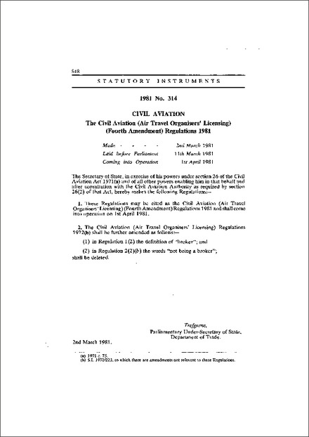 The Civil Aviation (Air Travel Organisers' Licensing) (Fourth Amendment) Regulations 1981