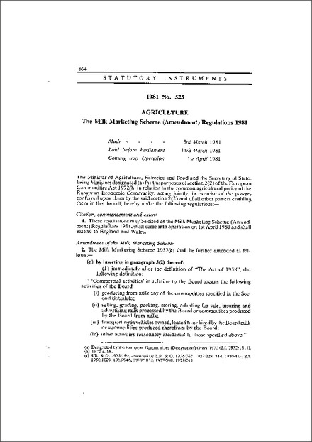 The Milk Marketing Scheme (Amendment) Regulations 1981
