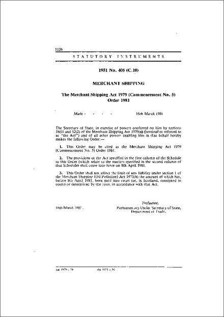 The Merchant Shipping Act 1979 (Commencement No. 5) Order 1981