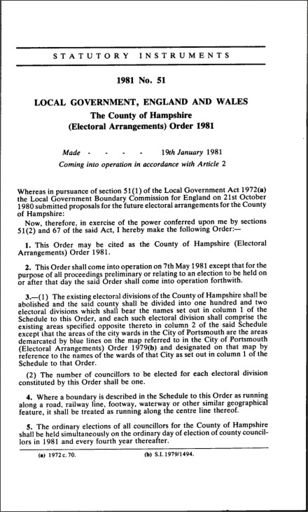 The County of Hampshire (Electoral Arrangements) Order 1981