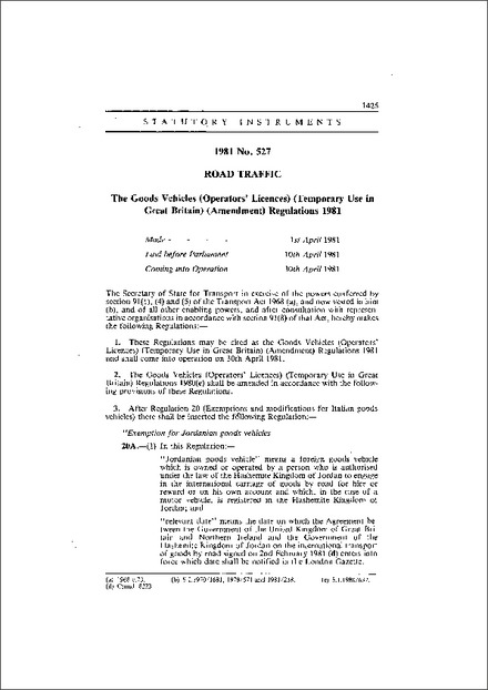 The Goods Vehicles (Operators' Licences) (Temporary Use in Great Britain) (Amendment) Regulations 1981