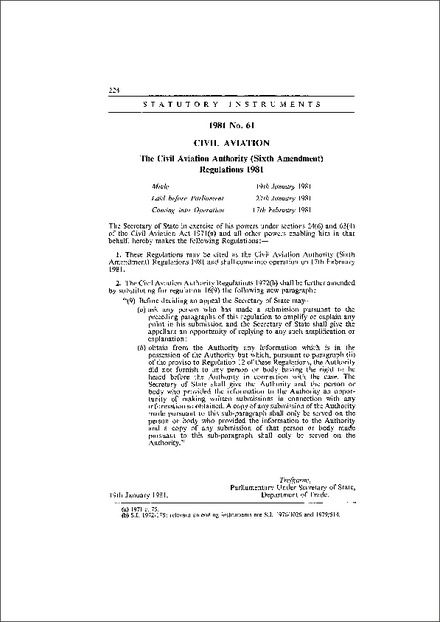 The Civil Aviation Authority (Sixth Amendment) Regulations 1981