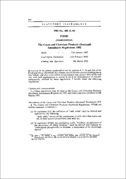 The Cocoa and Chocolate Products (Scotland) Amendment Regulations 1982