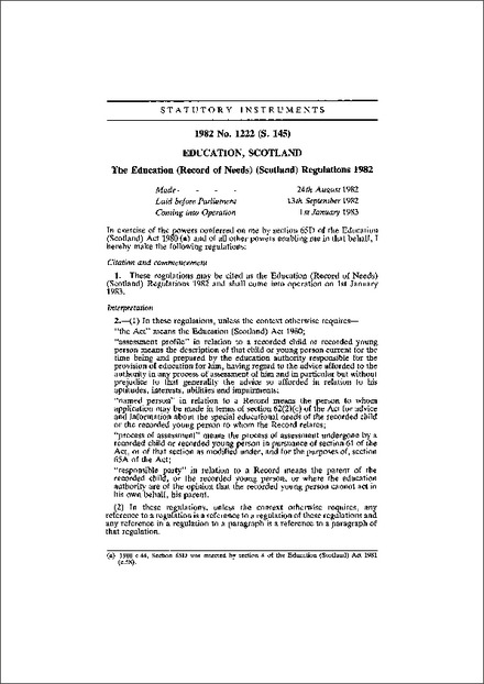 The Education (Record of Needs) (Scotland) Regulations 1982